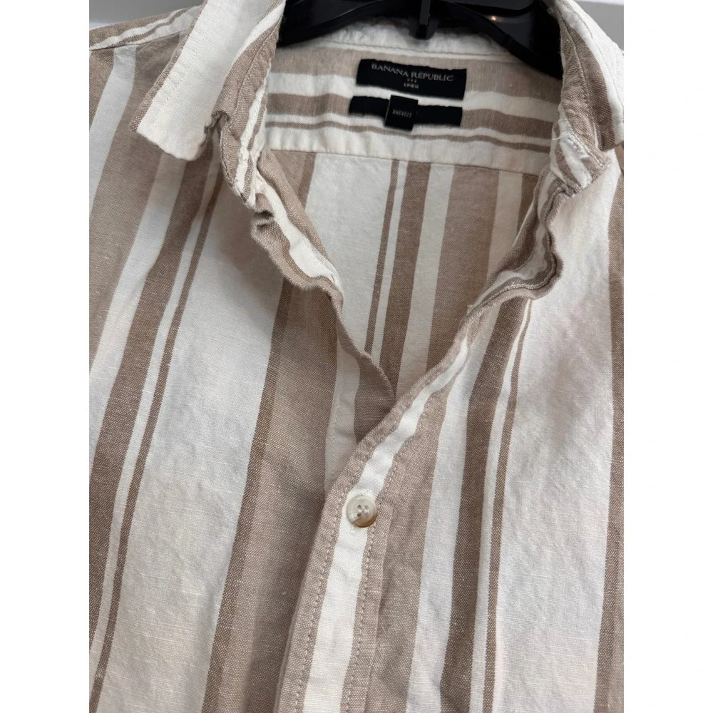 Banana Republic Mens XL Slim Fit Linen Cotton Striped Short Sleeve Shirt Tan